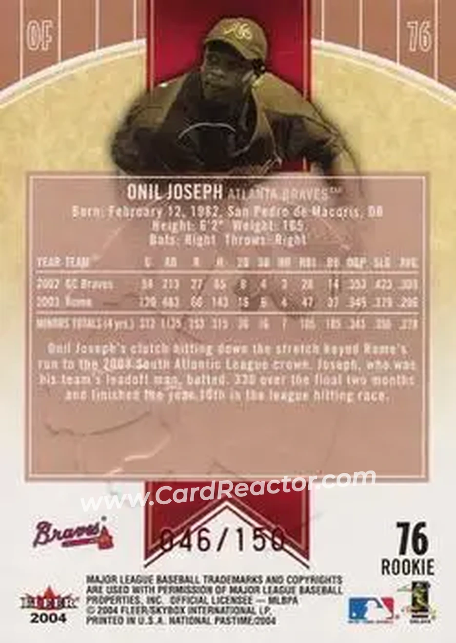2004 Fleer National Pastime - Red Foil #76 - Onil Joseph - Atlanta Braves - Back