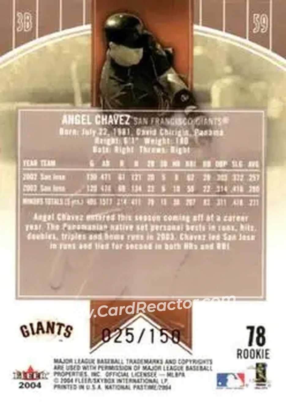 2004 Fleer National Pastime - Red Foil #78 - Angel Chavez - San Francisco Giants - Back