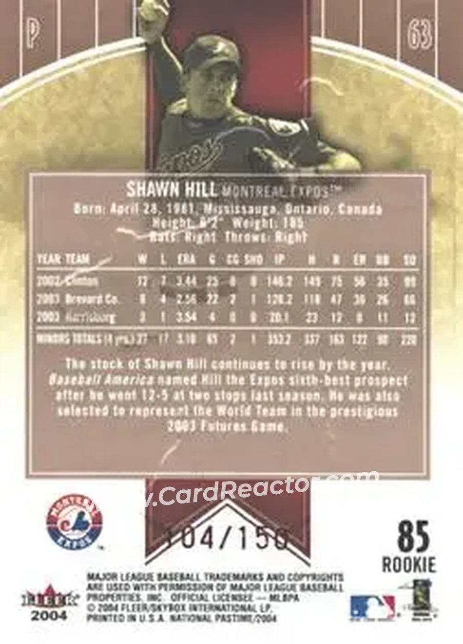 2004 Fleer National Pastime - Red Foil #85 - Shawn Hill - Montreal Expos - Back 2004 Fleer National Pastime - Red Foil #85 - Shawn Hill - Montreal Expos - Back