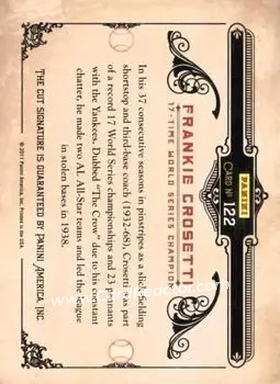 2011 Donruss Limited Cuts #122 - Frankie Crosetti - Back 2011 Donruss Limited Cuts #122 - Frankie Crosetti - Back