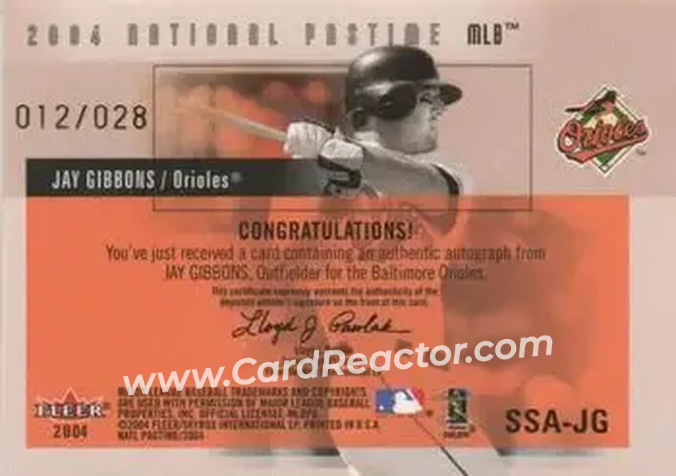 2004 Fleer National Pastime - Signature Swings White #SSA-JG - Jay Gibbons - Baltimore Orioles - Back 2004 Fleer National Pastime - Signature Swings White #SSA-JG - Jay Gibbons - Baltimore Orioles - Back
