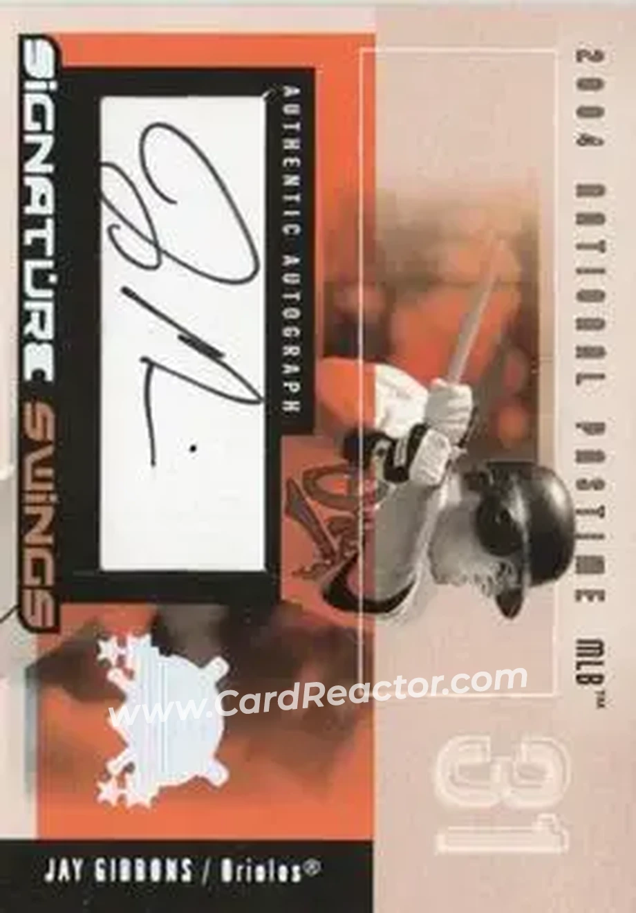 2004 Fleer National Pastime - Signature Swings White #SSA-JG - Jay Gibbons - Baltimore Orioles - Front 2004 Fleer National Pastime - Signature Swings White #SSA-JG - Jay Gibbons - Baltimore Orioles - Front