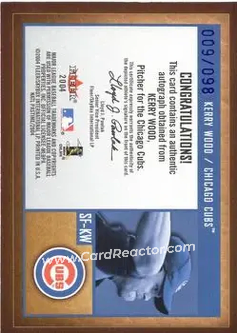 2004 Fleer National Pastime - Signs of the Future Blue #SF-KW - Kerry Wood - Chicago Cubs - Back