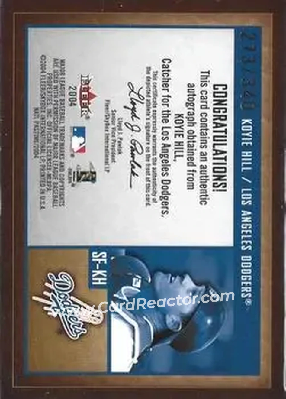 2004 Fleer National Pastime - Signs of the Future Gold #SF-KH - Koyie Hill - Los Angeles Dodgers - Back