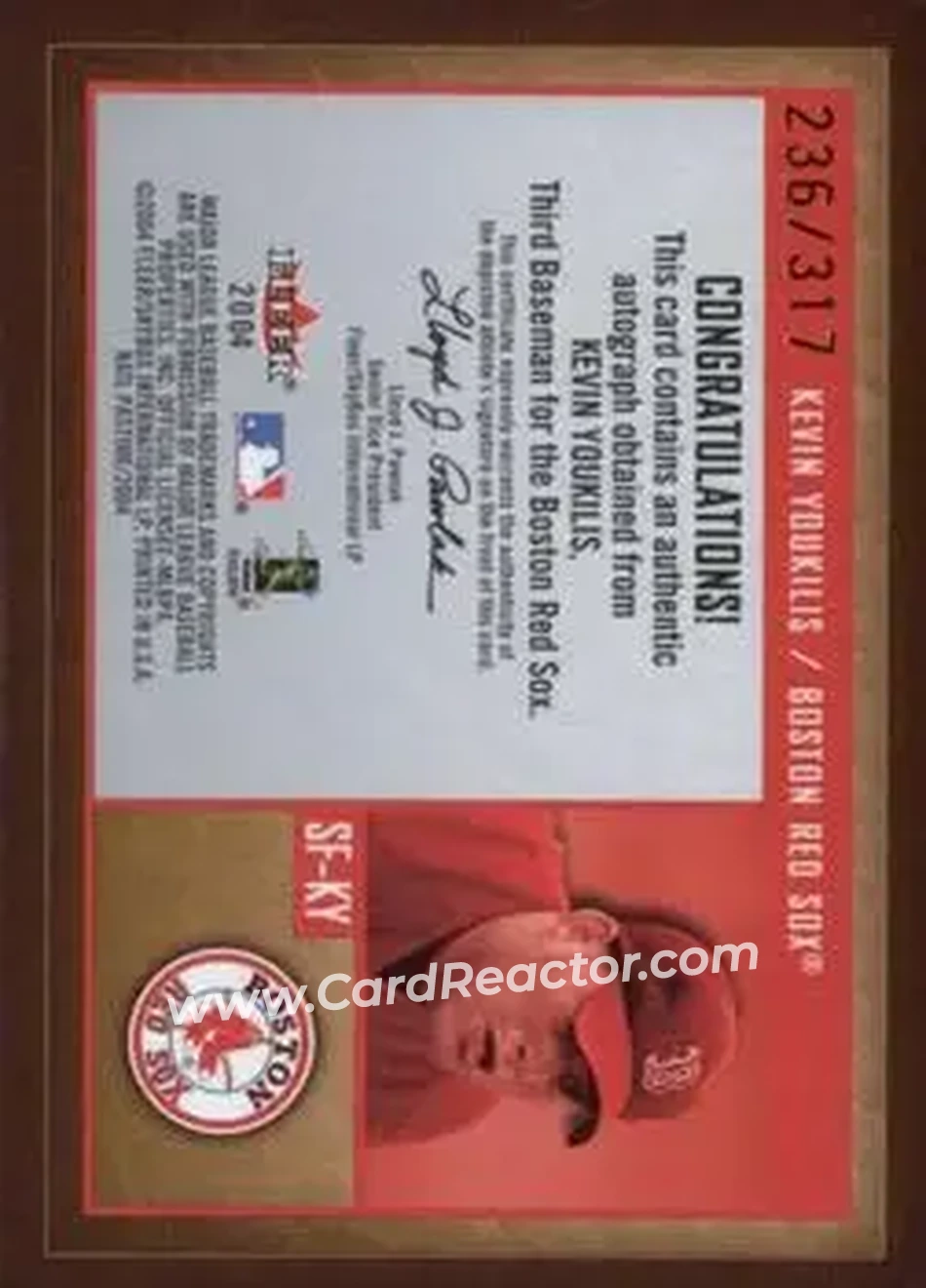 2004 Fleer National Pastime - Signs of the Future Gold #SF-KY - Kevin Youkilis - Boston Red Sox - Back