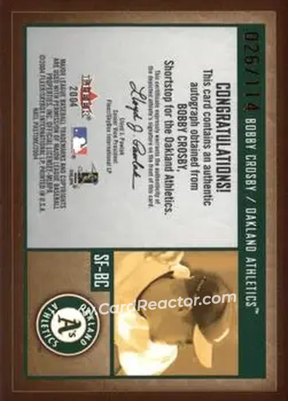 2004 Fleer National Pastime - Signs of the Future Red #SF-BC - Bobby Crosby - Oakland Athletics - Back 2004 Fleer National Pastime - Signs of the Future Red #SF-BC - Bobby Crosby - Oakland Athletics - Back