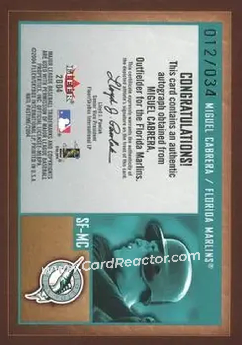 2004 Fleer National Pastime - Signs of the Future White #SF-MC - Miguel Cabrera - Florida Marlins - Back