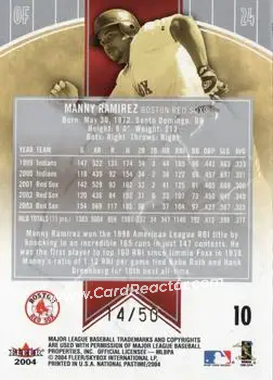 2004 Fleer National Pastime - White Foil #10 - Manny Ramirez - Boston Red Sox - Back