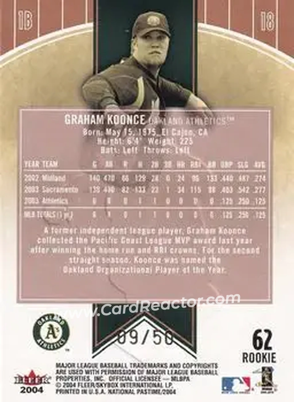 2004 Fleer National Pastime - White Foil #62 - Graham Koonce - Oakland Athletics - Back