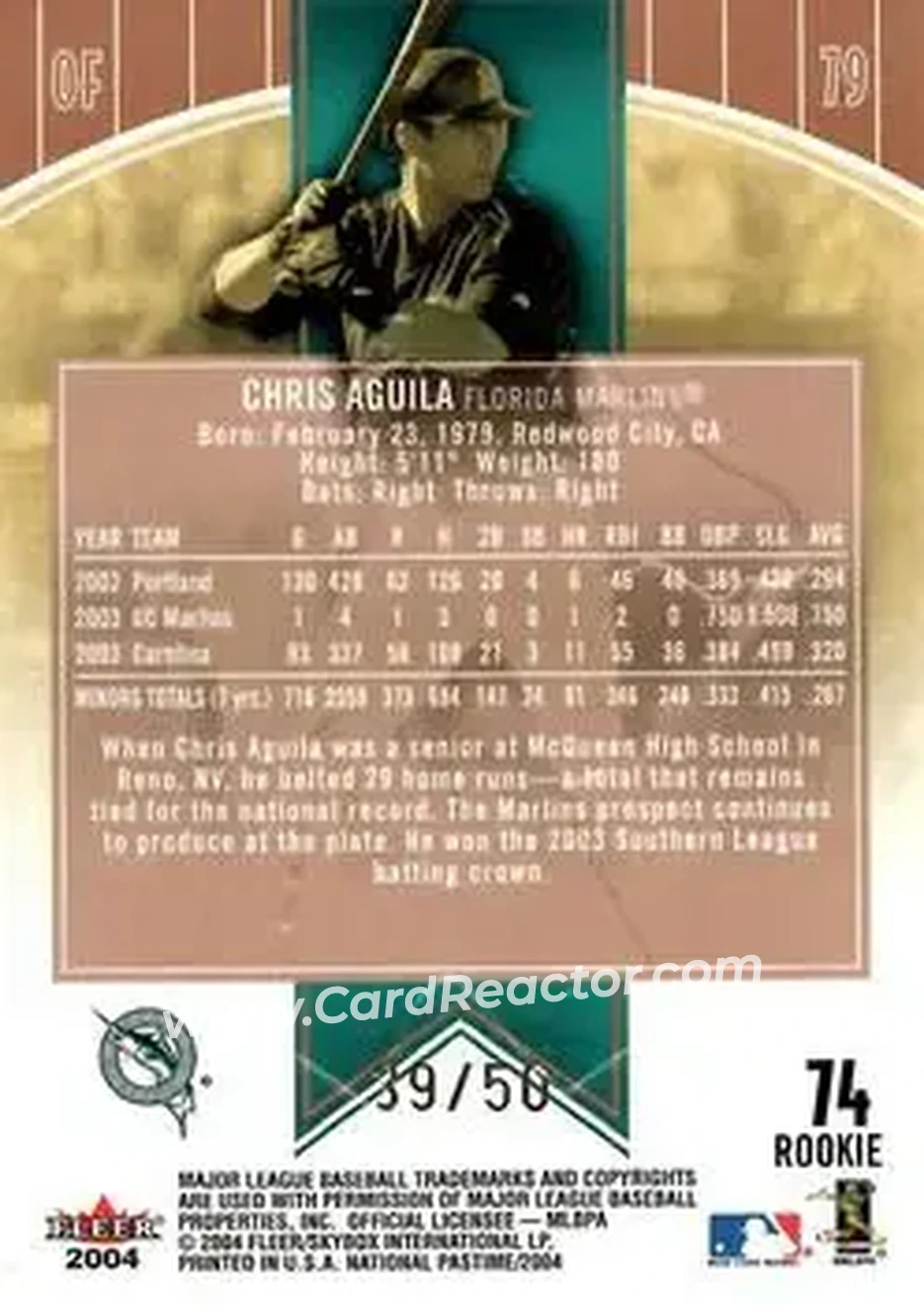 2004 Fleer National Pastime - White Foil #74 - Chris Aguila - Florida Marlins - Back