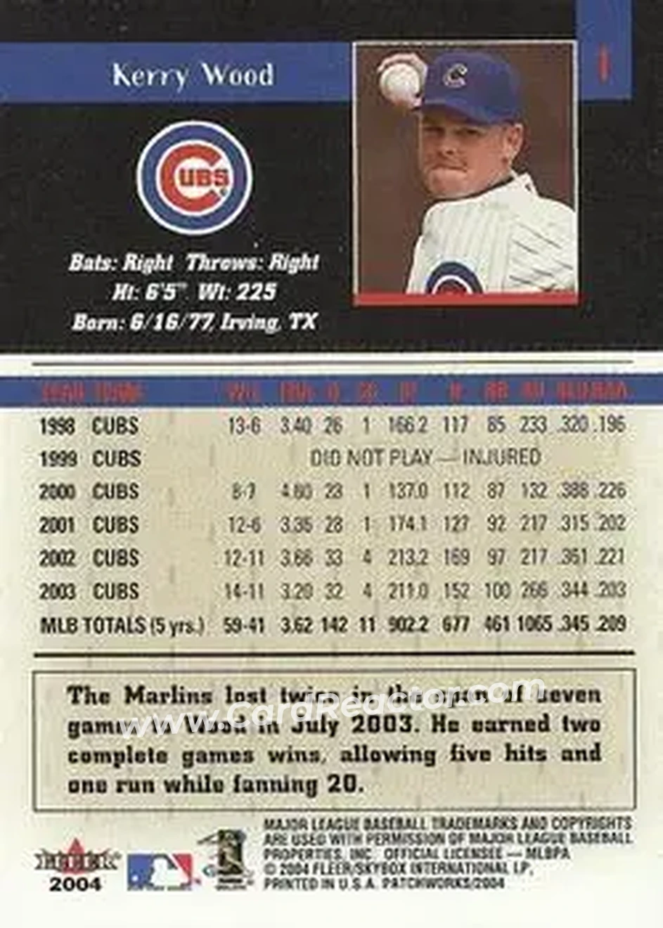 2004 Fleer Patchworks #1 - Kerry Wood - Chicago Cubs - Back 2004 Fleer Patchworks #1 - Kerry Wood - Chicago Cubs - Back