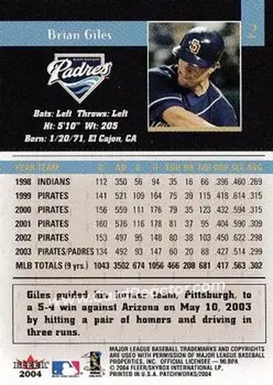 2004 Fleer Patchworks #2 - Brian Giles - San Diego Padres - Back