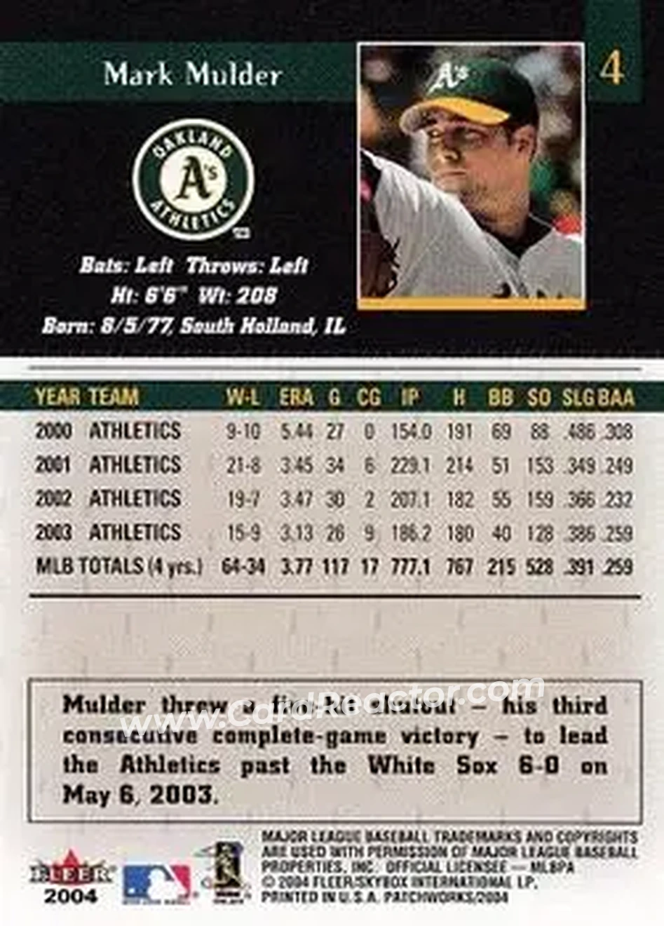 2004 Fleer Patchworks #4 - Mark Mulder - Oakland Athletics - Back 2004 Fleer Patchworks #4 - Mark Mulder - Oakland Athletics - Back