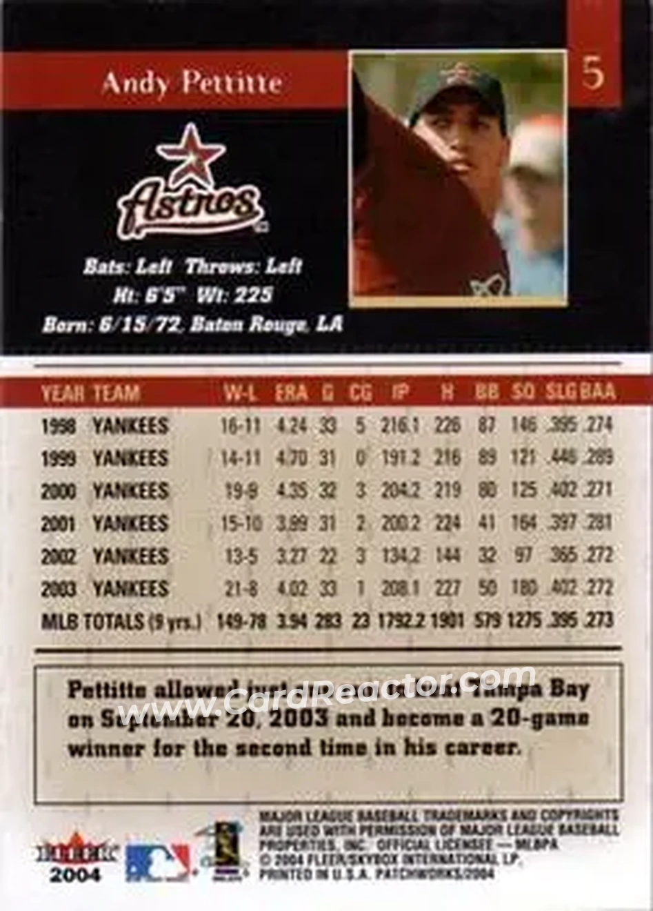 2004 Fleer Patchworks #5 - Andy Pettitte - Houston Astros - Back