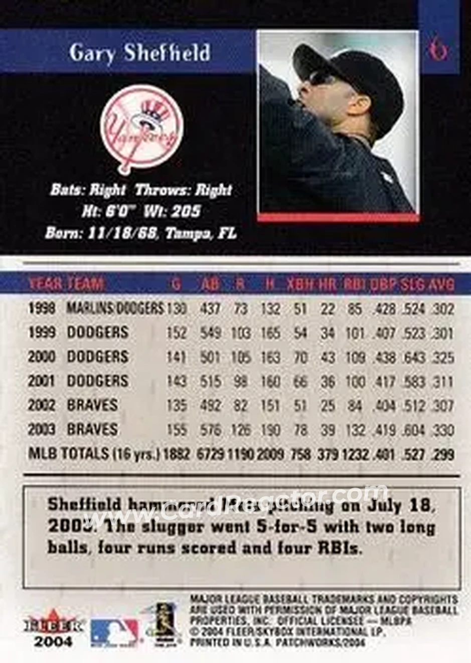 2004 Fleer Patchworks #6 - Gary Sheffield - New York Yankees - Back