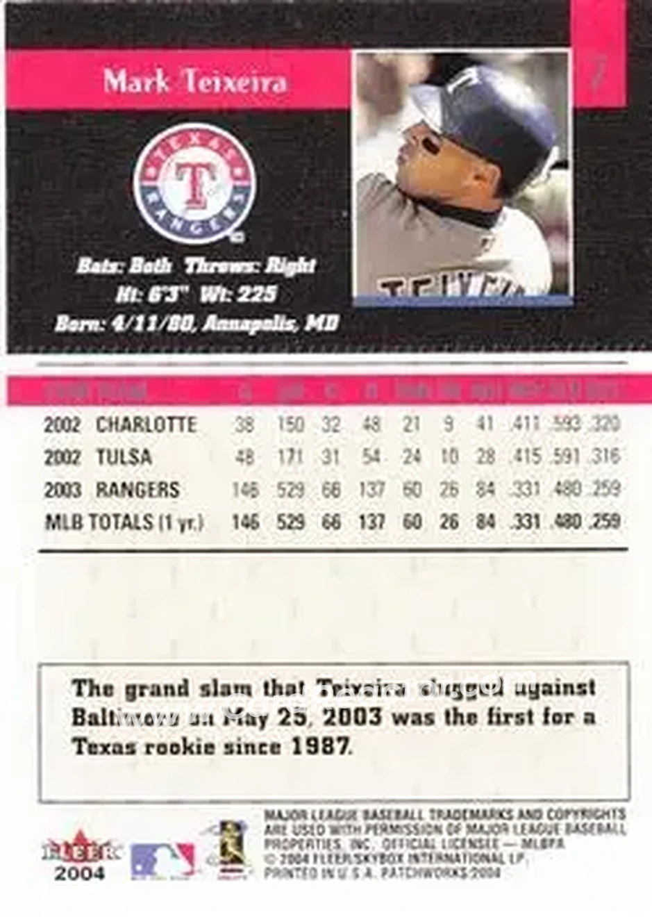 2004 Fleer Patchworks #7 - Mark Teixeira - Texas Rangers - Back
