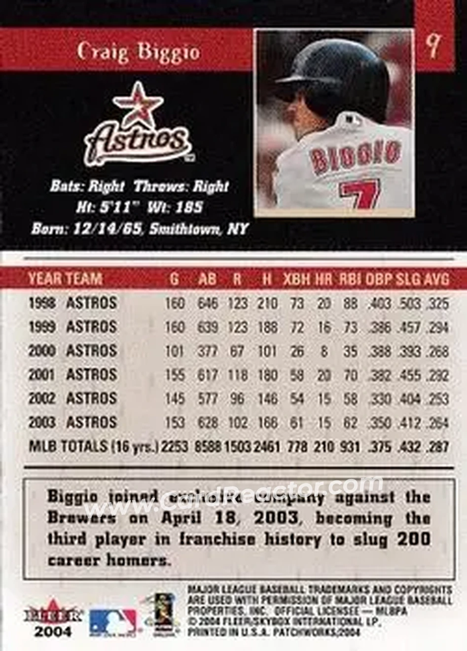 2004 Fleer Patchworks #9 - Craig Biggio - Houston Astros - Back 2004 Fleer Patchworks #9 - Craig Biggio - Houston Astros - Back