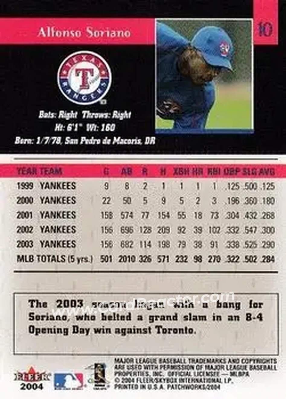 2004 Fleer Patchworks #10 - Alfonso Soriano - Texas Rangers - Back