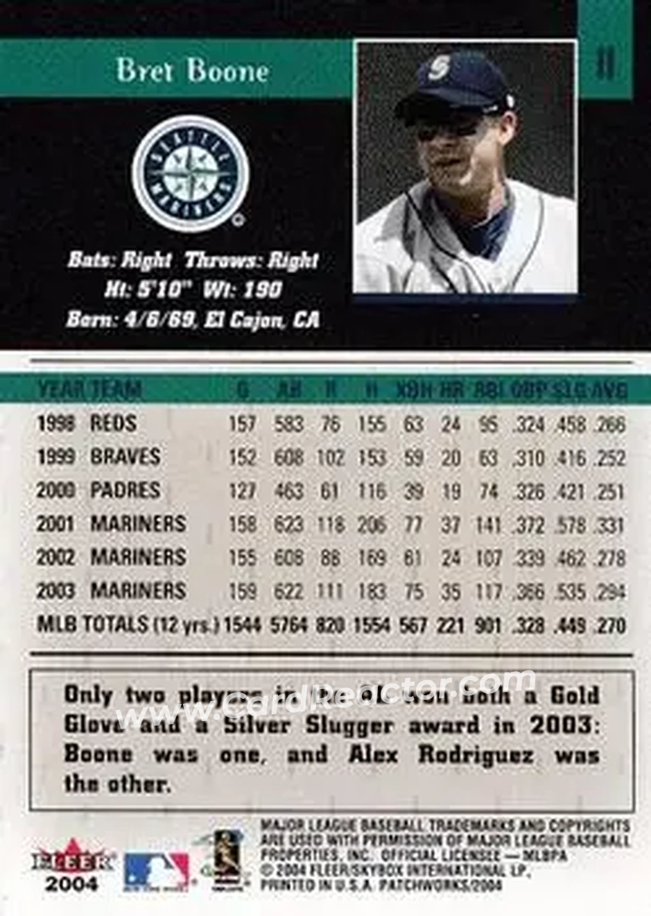 2004 Fleer Patchworks #11 - Bret Boone - Seattle Mariners - Back 2004 Fleer Patchworks #11 - Bret Boone - Seattle Mariners - Back