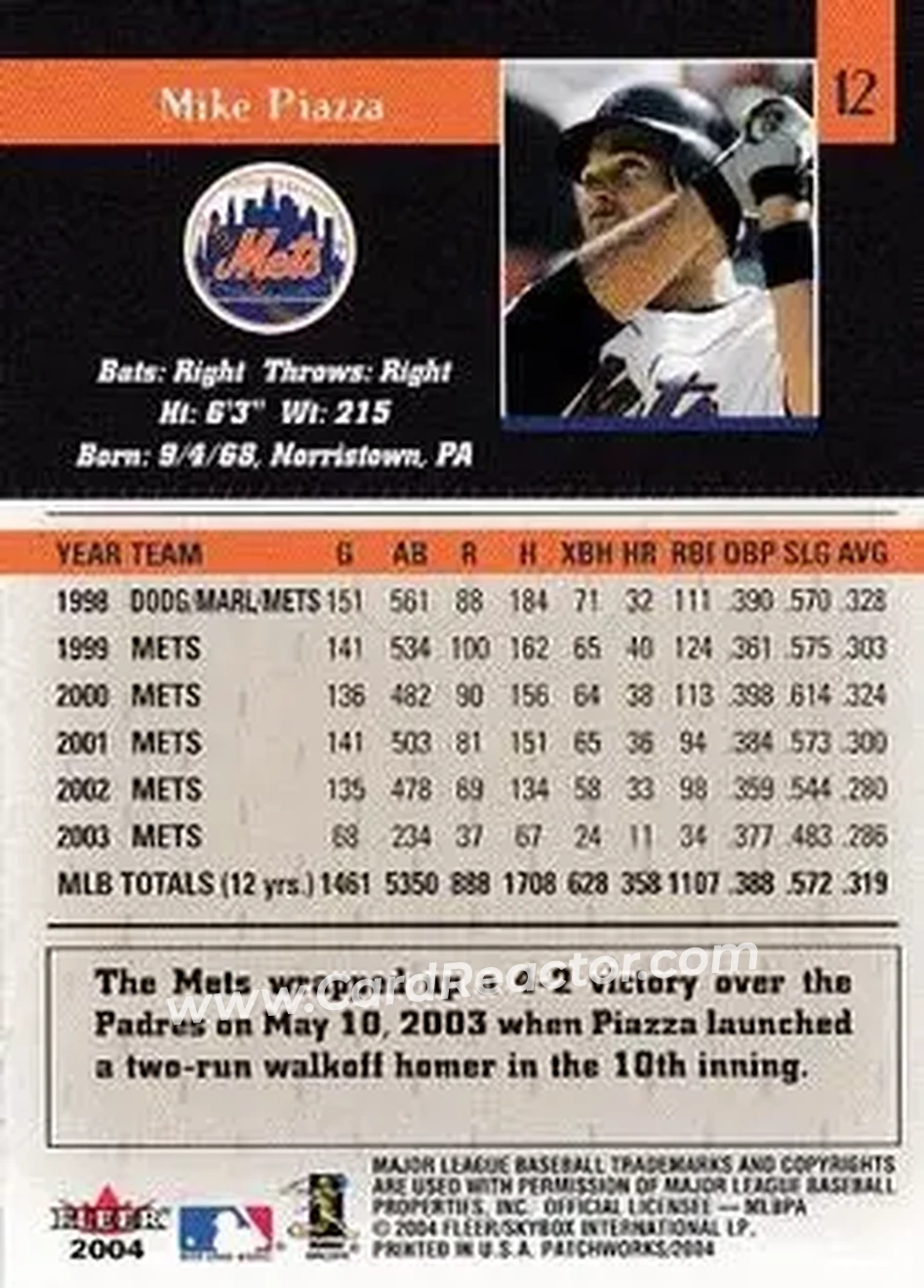 2004 Fleer Patchworks #12 - Mike Piazza - New York Mets - Back
