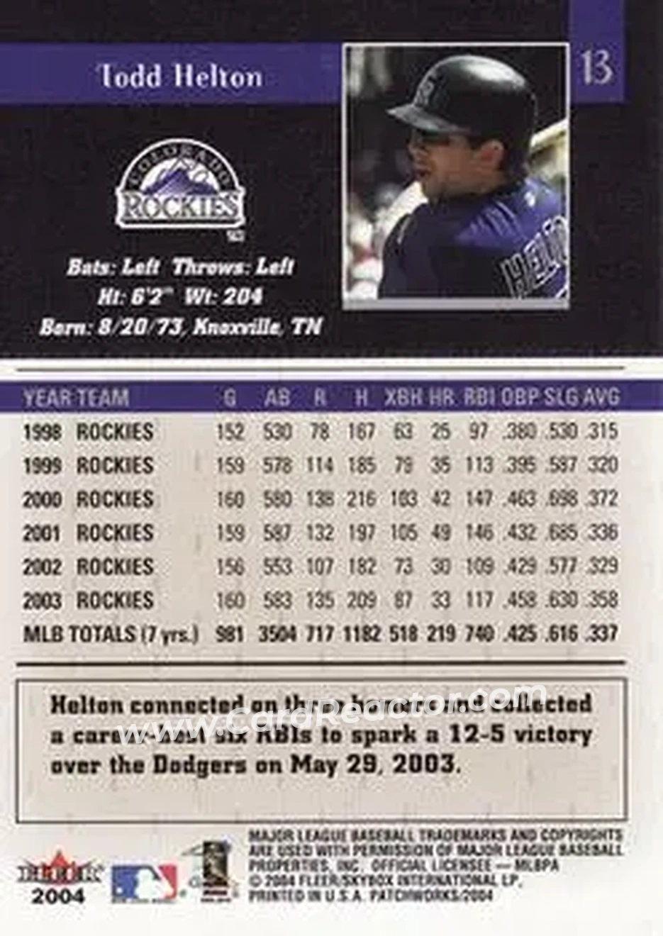 2004 Fleer Patchworks #13 - Todd Helton - Colorado Rockies - Back 2004 Fleer Patchworks #13 - Todd Helton - Colorado Rockies - Back