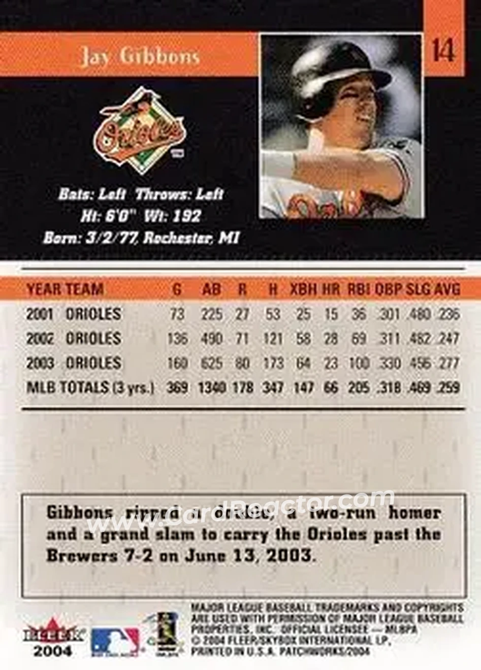 2004 Fleer Patchworks #14 - Jay Gibbons - Baltimore Orioles - Back 2004 Fleer Patchworks #14 - Jay Gibbons - Baltimore Orioles - Back