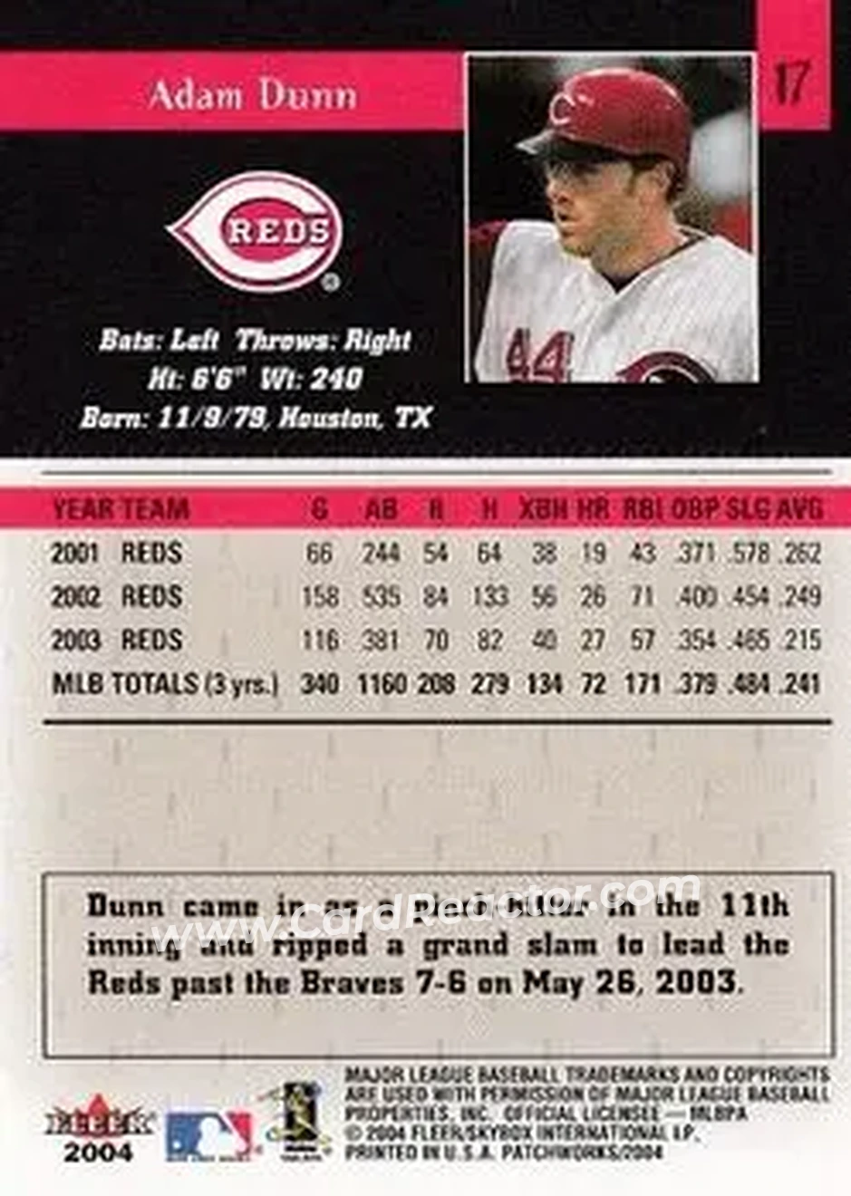 2004 Fleer Patchworks #17 - Adam Dunn - Cincinnati Reds - Back 2004 Fleer Patchworks #17 - Adam Dunn - Cincinnati Reds - Back