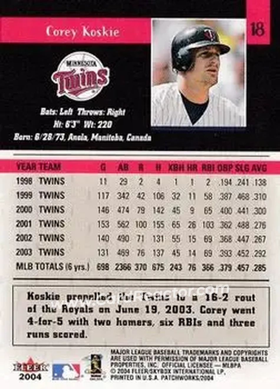 2004 Fleer Patchworks #18 - Corey Koskie - Minnesota Twins - Back 2004 Fleer Patchworks #18 - Corey Koskie - Minnesota Twins - Back
