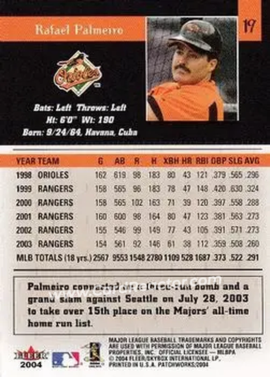 2004 Fleer Patchworks #19 - Rafael Palmeiro - Baltimore Orioles - Back 2004 Fleer Patchworks #19 - Rafael Palmeiro - Baltimore Orioles - Back