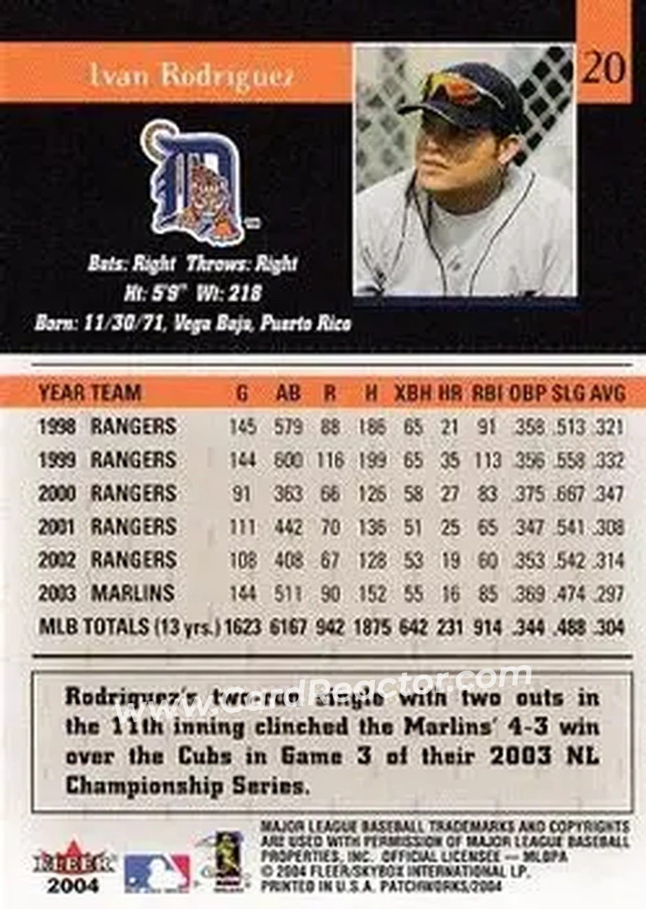 2004 Fleer Patchworks #20 - Ivan Rodriguez - Detroit Tigers - Back 2004 Fleer Patchworks #20 - Ivan Rodriguez - Detroit Tigers - Back