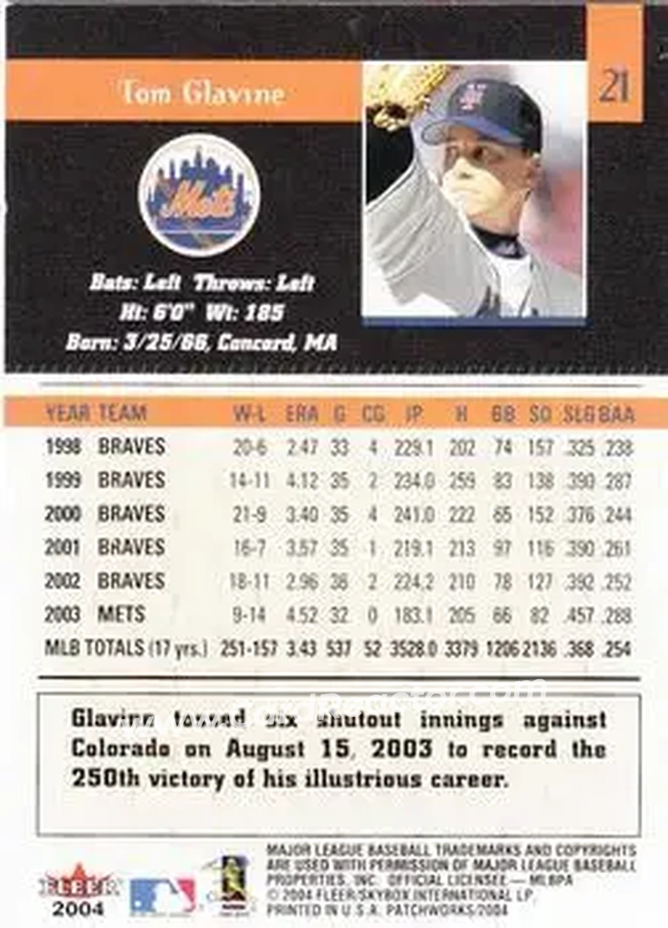 2004 Fleer Patchworks #21 - Tom Glavine - New York Mets - Back 2004 Fleer Patchworks #21 - Tom Glavine - New York Mets - Back