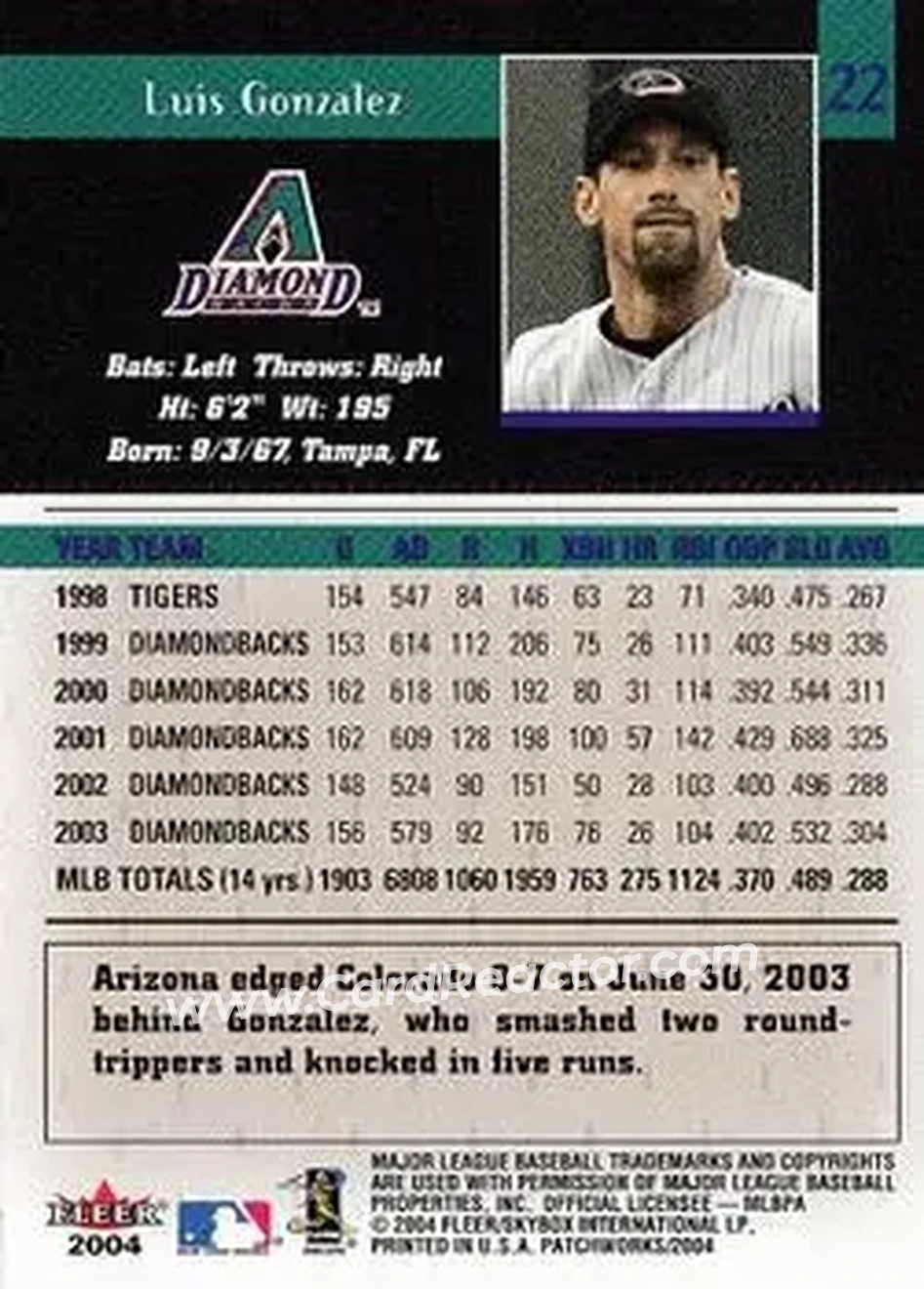 2004 Fleer Patchworks #22 - Luis Gonzalez - Arizona Diamondbacks - Back 2004 Fleer Patchworks #22 - Luis Gonzalez - Arizona Diamondbacks - Back