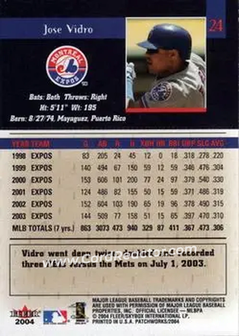 2004 Fleer Patchworks #24 - Jose Vidro - Montreal Expos - Back 2004 Fleer Patchworks #24 - Jose Vidro - Montreal Expos - Back