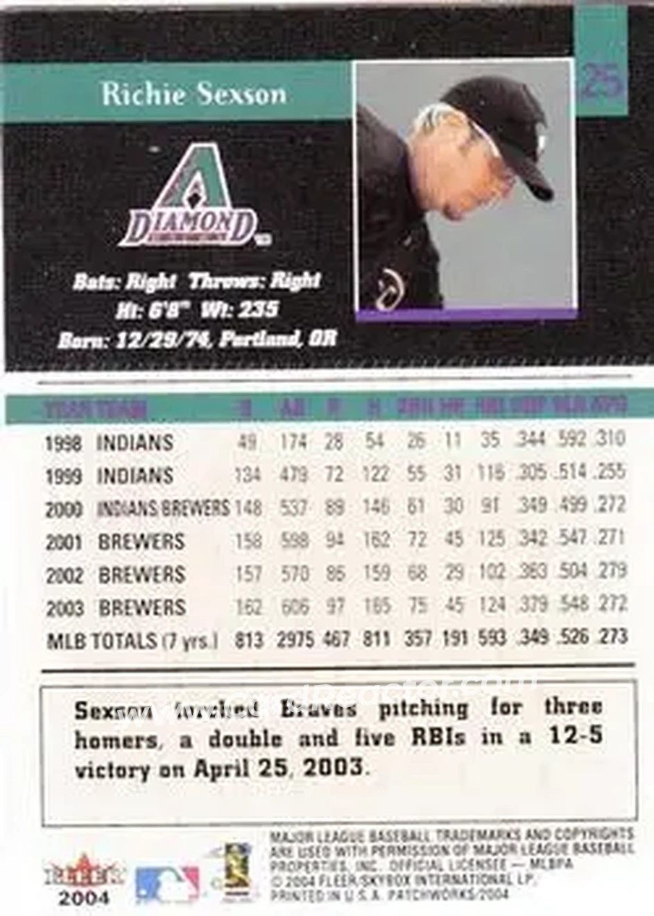 2004 Fleer Patchworks #25 - Richie Sexson - Arizona Diamondbacks - Back 2004 Fleer Patchworks #25 - Richie Sexson - Arizona Diamondbacks - Back