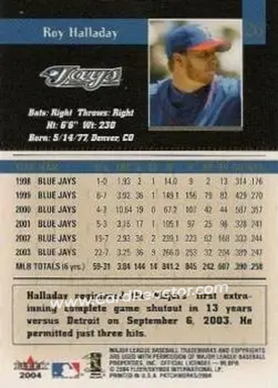 2004 Fleer Patchworks #26 - Roy Halladay - Toronto Blue Jays - Back 2004 Fleer Patchworks #26 - Roy Halladay - Toronto Blue Jays - Back