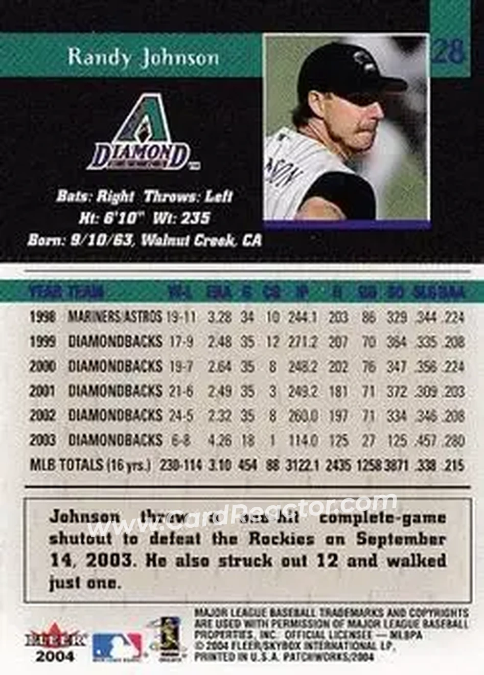 2004 Fleer Patchworks #28 - Randy Johnson - Arizona Diamondbacks - Back