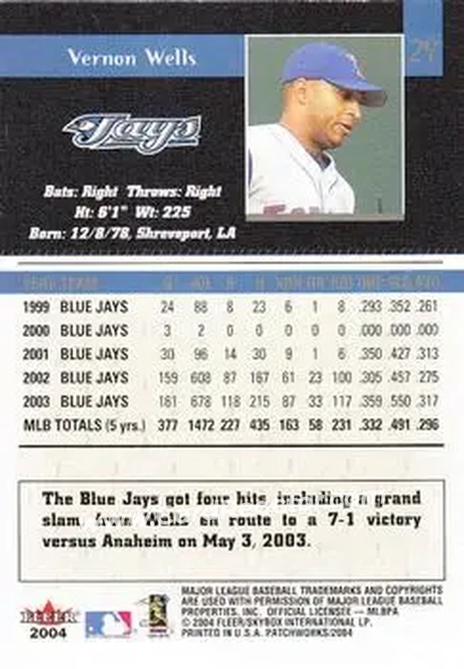2004 Fleer Patchworks #29 - Vernon Wells - Toronto Blue Jays - Back 2004 Fleer Patchworks #29 - Vernon Wells - Toronto Blue Jays - Back