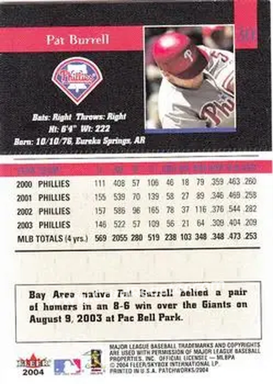 2004 Fleer Patchworks #30 - Pat Burrell - Philadelphia Phillies - Back