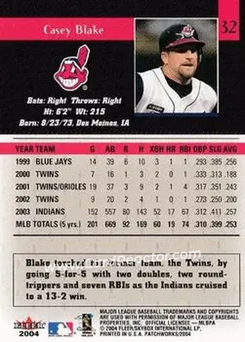 2004 Fleer Patchworks #32 - Casey Blake - Cleveland Indians - Back 2004 Fleer Patchworks #32 - Casey Blake - Cleveland Indians - Back
