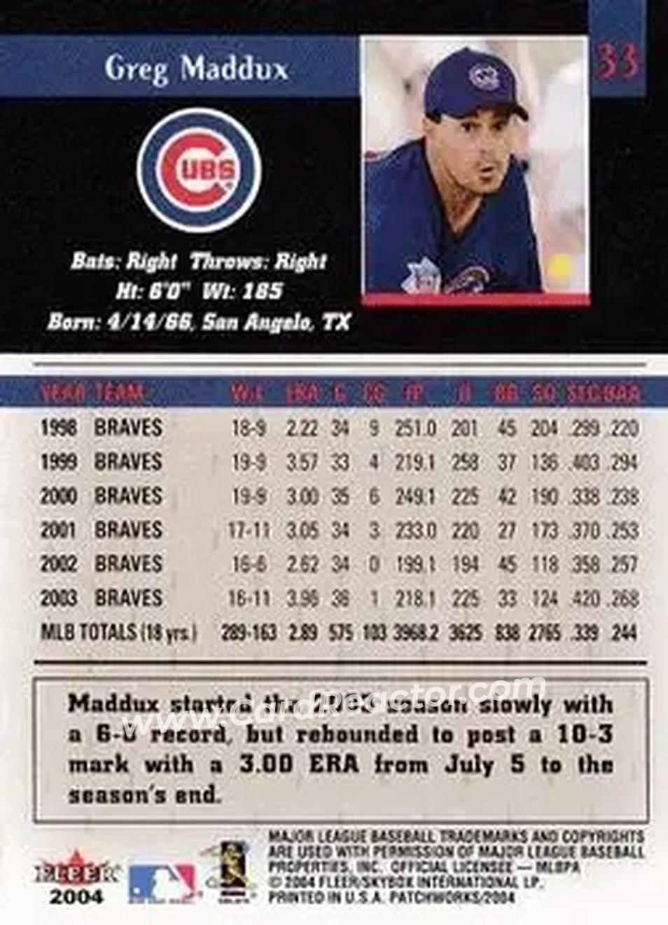 2004 Fleer Patchworks #33 - Greg Maddux - Chicago Cubs - Back 2004 Fleer Patchworks #33 - Greg Maddux - Chicago Cubs - Back