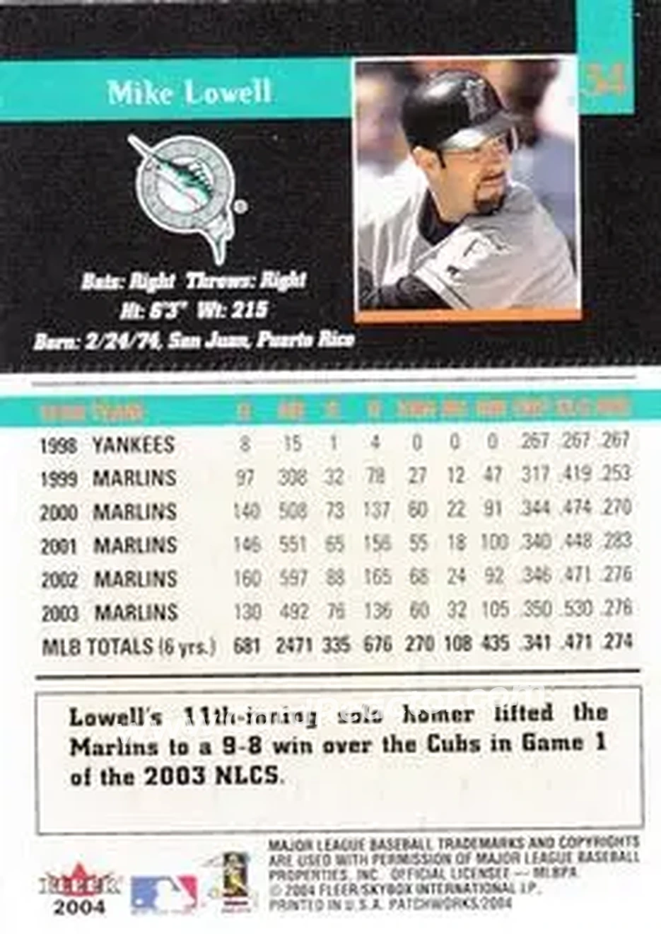 2004 Fleer Patchworks #34 - Mike Lowell - Florida Marlins - Back 2004 Fleer Patchworks #34 - Mike Lowell - Florida Marlins - Back