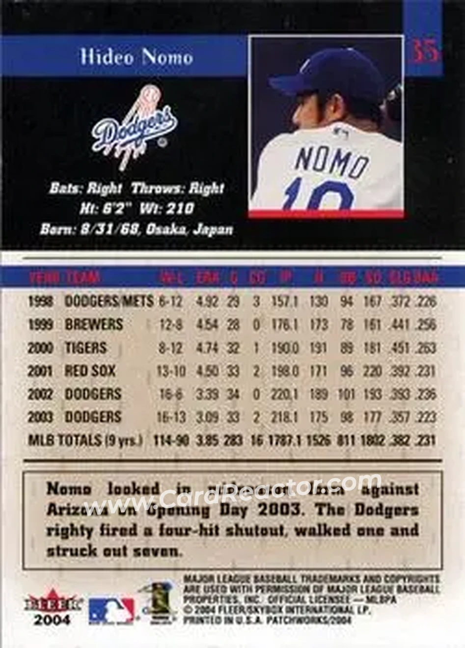 2004 Fleer Patchworks #35 - Hideo Nomo - Los Angeles Dodgers - Back 2004 Fleer Patchworks #35 - Hideo Nomo - Los Angeles Dodgers - Back