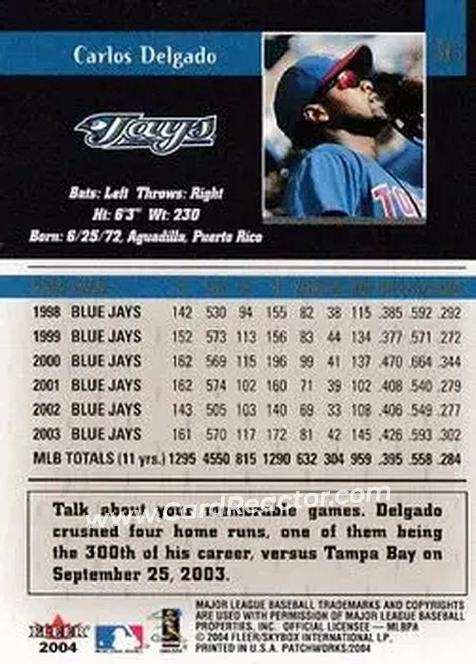 2004 Fleer Patchworks #36 - Carlos Delgado - Toronto Blue Jays - Back 2004 Fleer Patchworks #36 - Carlos Delgado - Toronto Blue Jays - Back