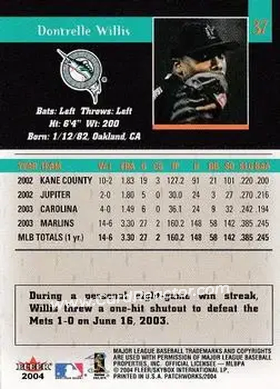 2004 Fleer Patchworks #37 - Dontrelle Willis - Florida Marlins - Back