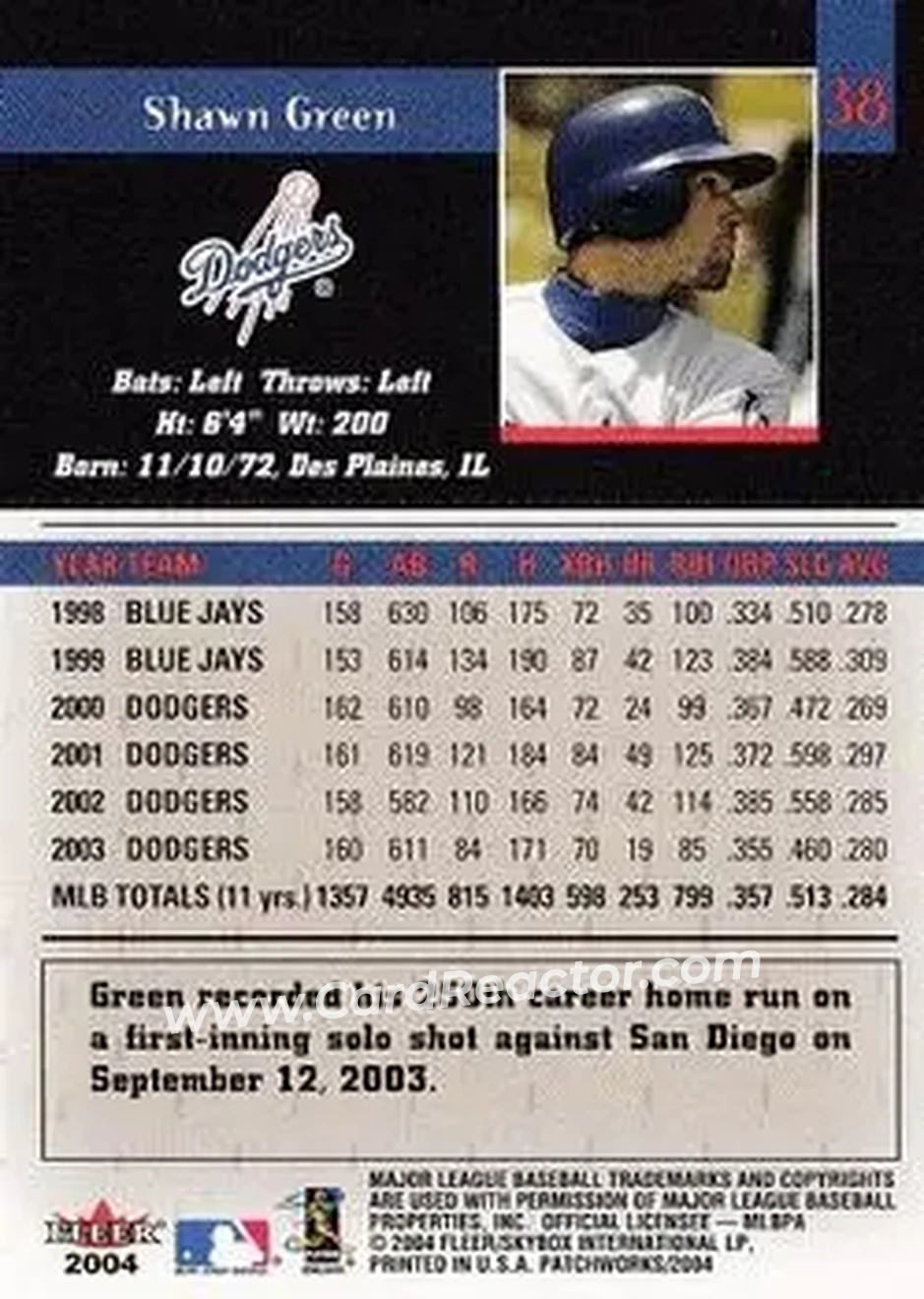 2004 Fleer Patchworks #38 - Shawn Green - Los Angeles Dodgers - Back 2004 Fleer Patchworks #38 - Shawn Green - Los Angeles Dodgers - Back