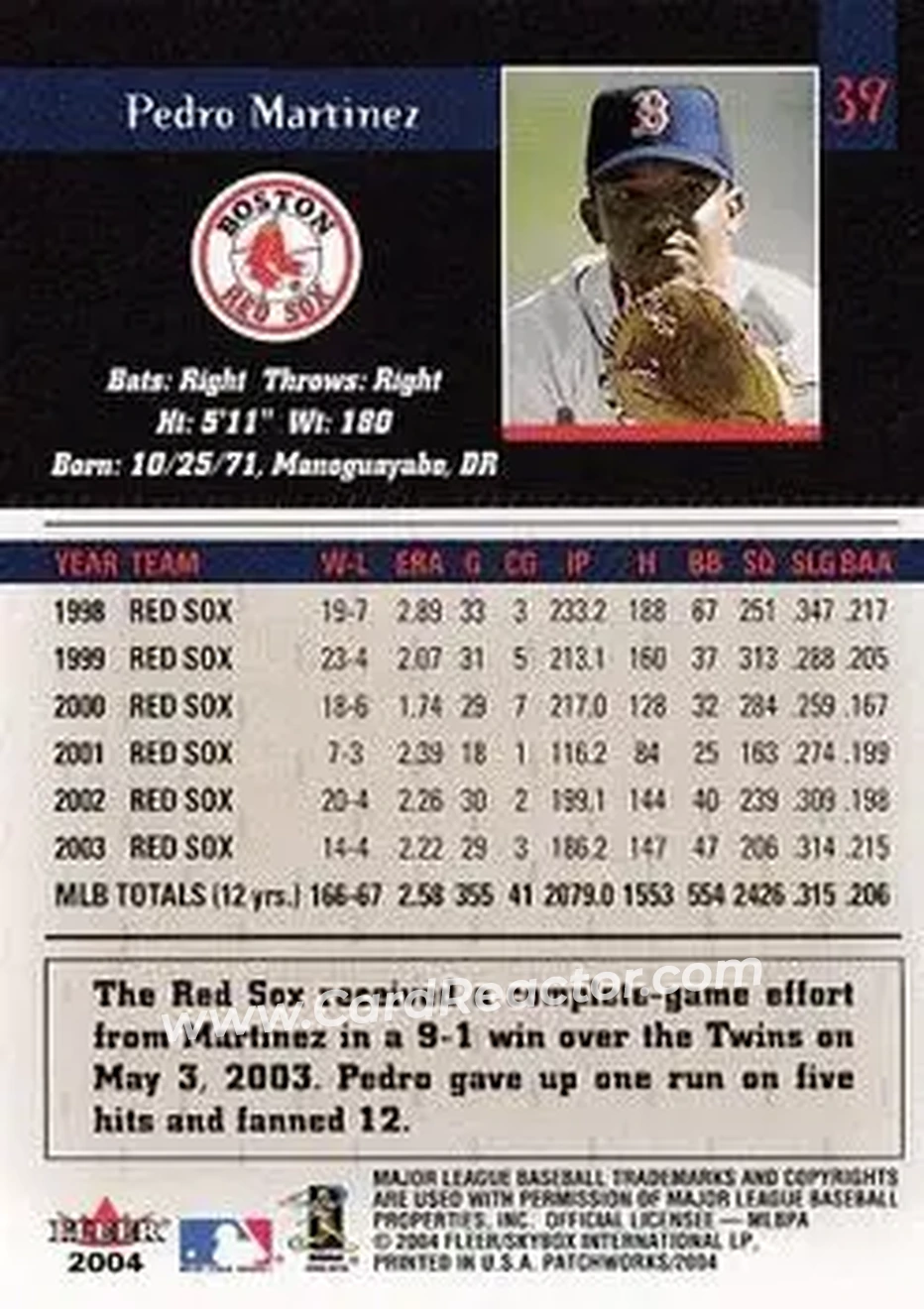 2004 Fleer Patchworks #39 - Pedro Martinez - Boston Red Sox - Back 2004 Fleer Patchworks #39 - Pedro Martinez - Boston Red Sox - Back