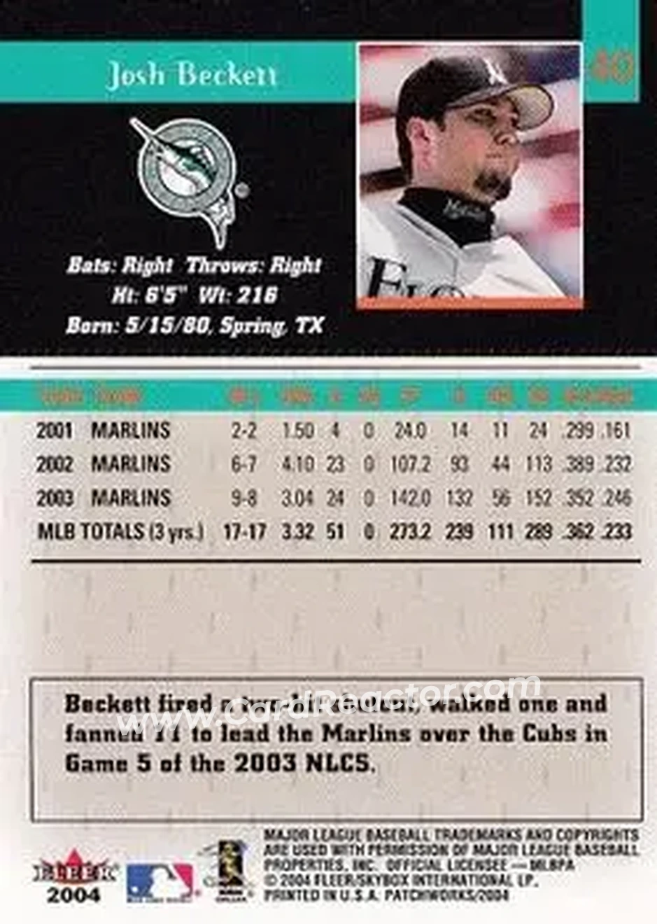 2004 Fleer Patchworks #40 - Josh Beckett - Florida Marlins - Back 2004 Fleer Patchworks #40 - Josh Beckett - Florida Marlins - Back