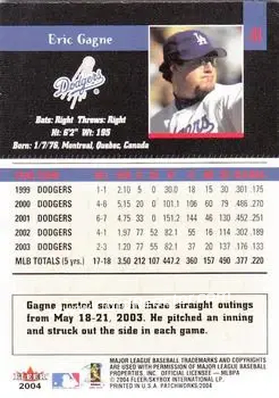 2004 Fleer Patchworks #41 - Eric Gagne - Los Angeles Dodgers - Back