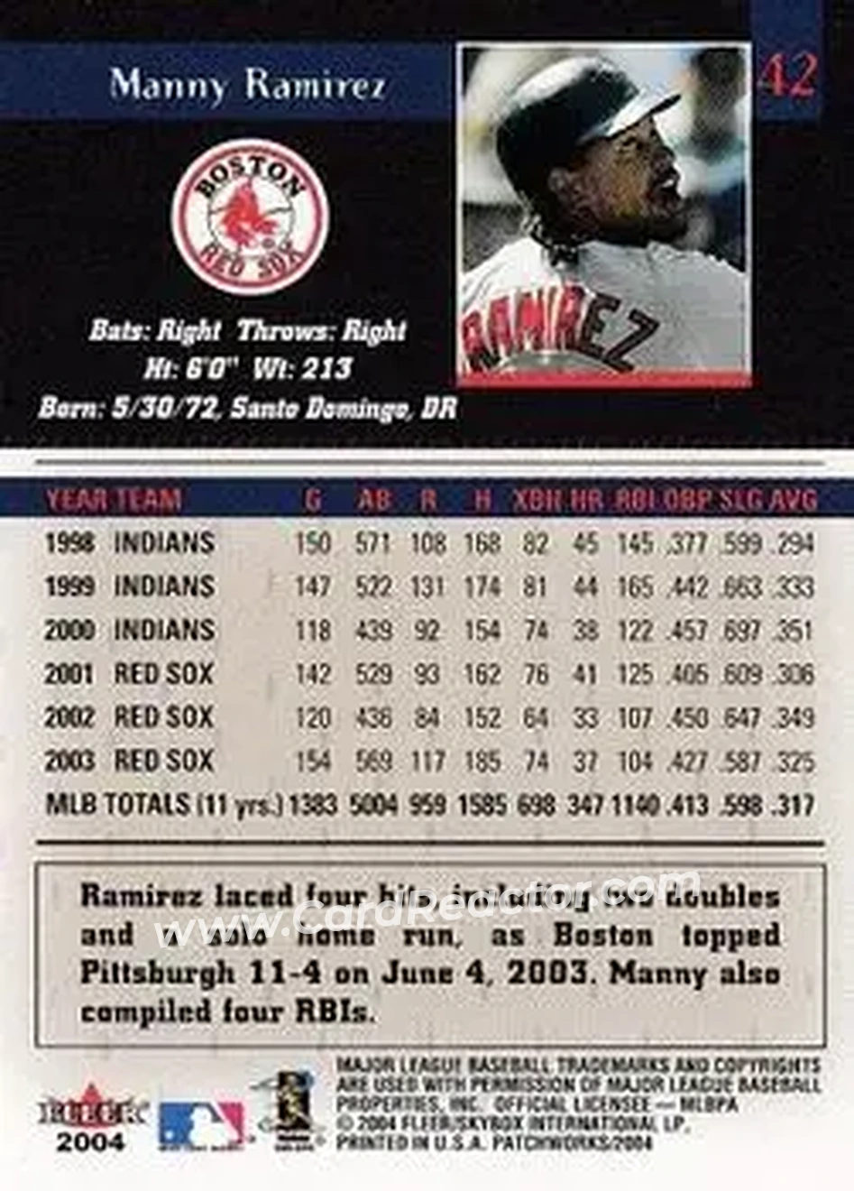 2004 Fleer Patchworks #42 - Manny Ramirez - Boston Red Sox - Back 2004 Fleer Patchworks #42 - Manny Ramirez - Boston Red Sox - Back