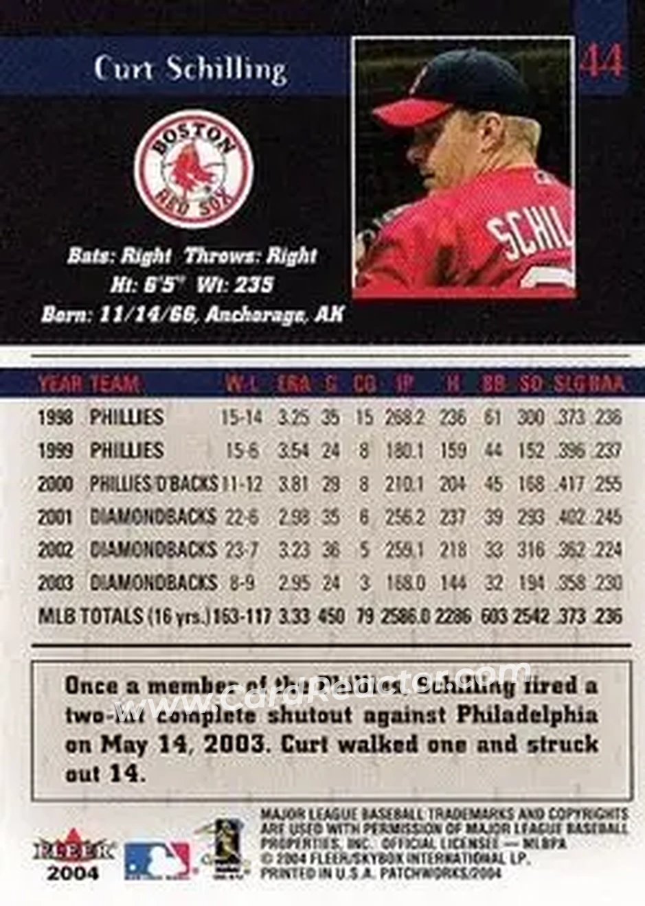 2004 Fleer Patchworks #44 - Curt Schilling - Boston Red Sox - Back